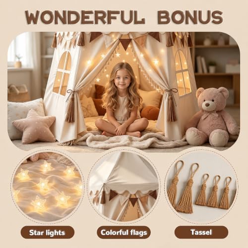 Extra Large Boho Kids Play Tent with Star Lights